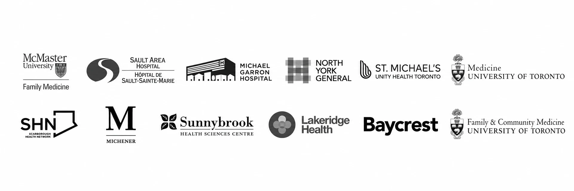 Institutional logos: McMaster University, Sault Area Hospital, Michael Garron Hospital, North York General, St. Michael’s, University of Toronto, Scarborough Health Network, Michener, Sunnybrook, Lakeridge Health and Baycrest